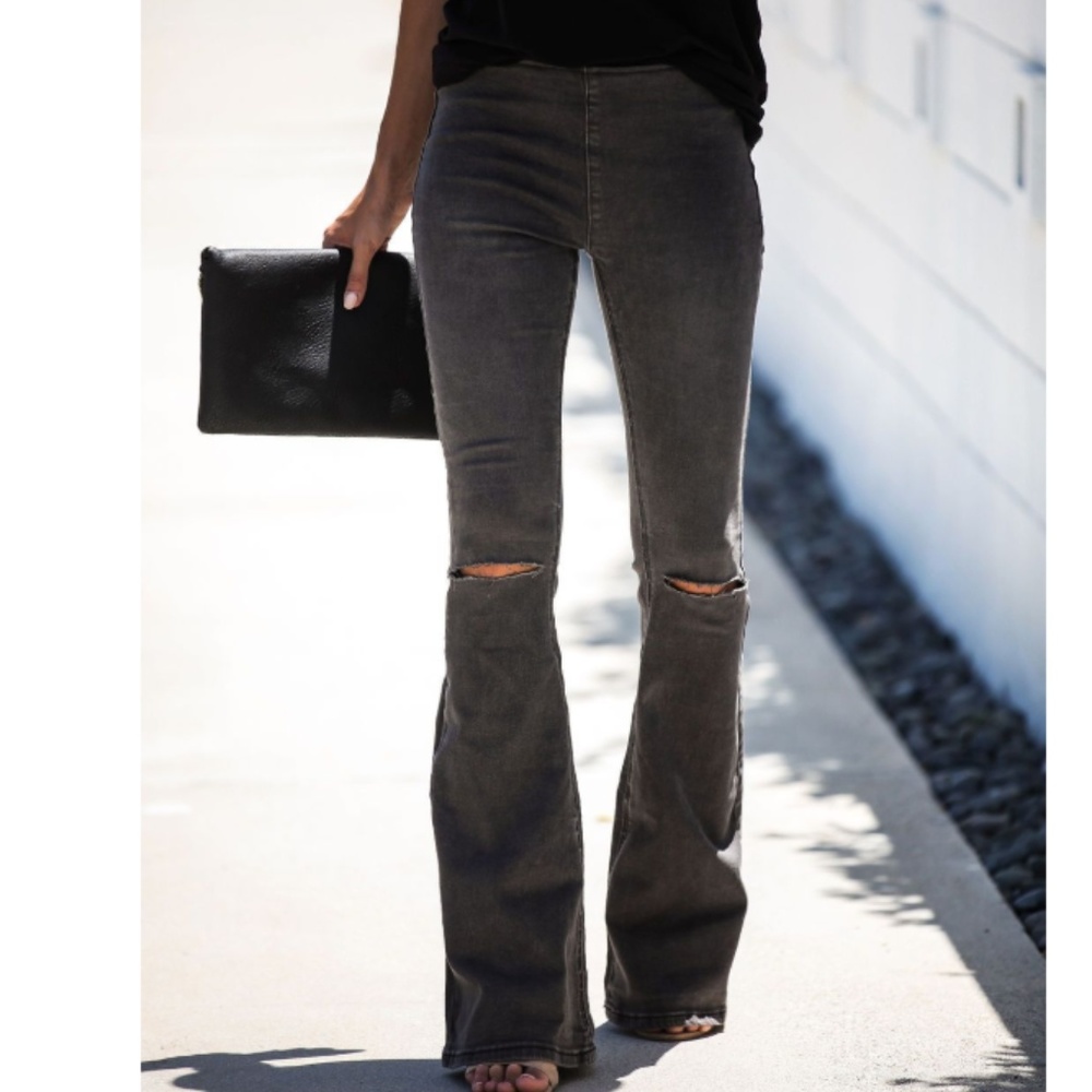 GINGER Black Distressed Bell Bottom Jeans - Picture 1 of 6